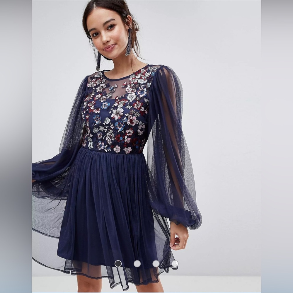 ASOS Mesh Blouson Sleeve Mini Dress with Floral Embroidered Bodice